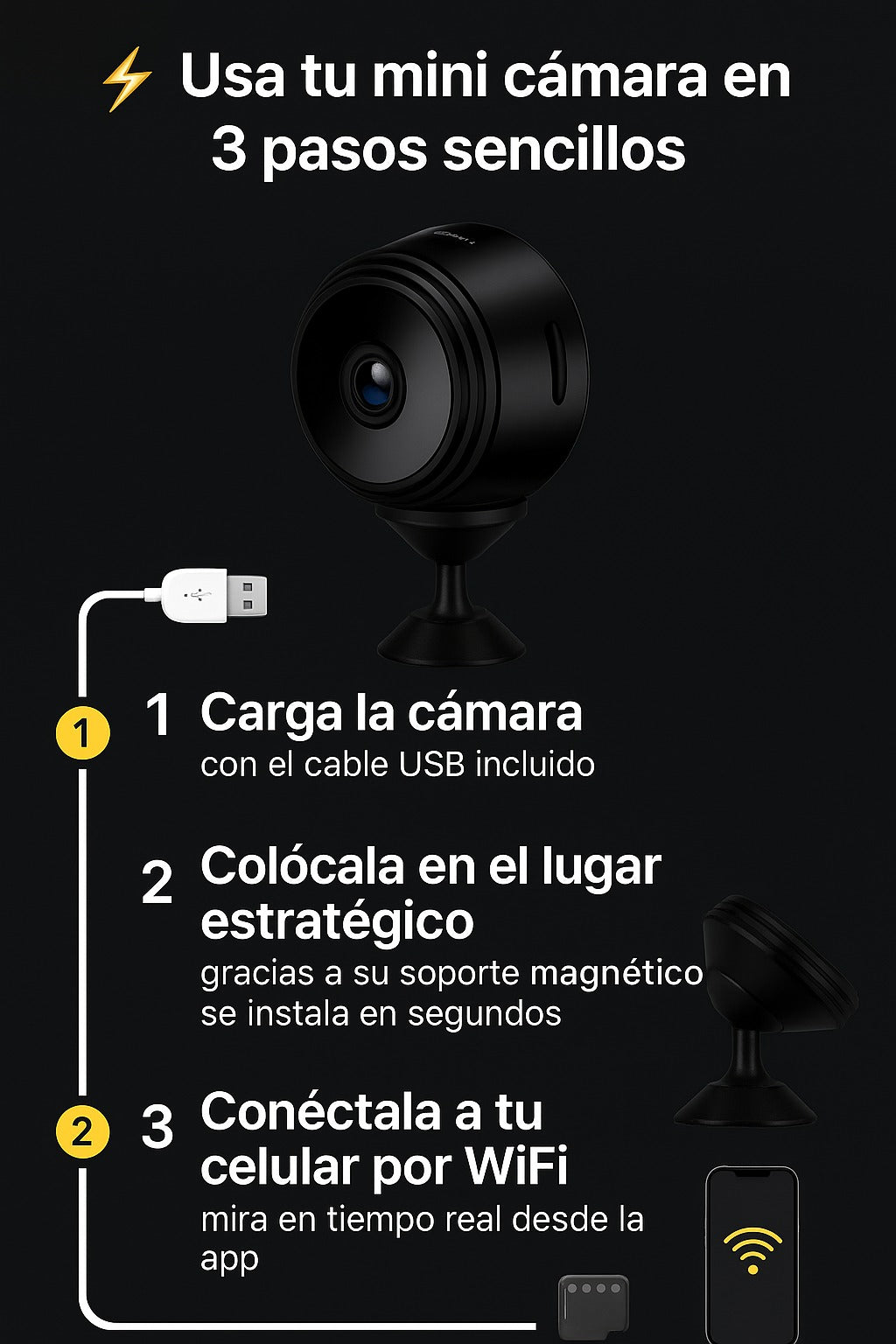 Cómo usar la mini cámara espía GhostCam en 3 pasos: cargar, colocar y conectar por WiFi