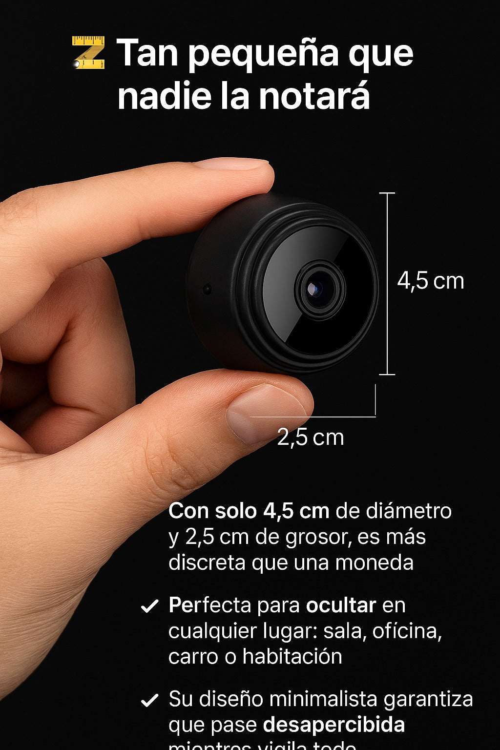 Tamaño de la mini cámara espía GhostCam: 4,5 cm de diámetro y 2,5 cm de grosor