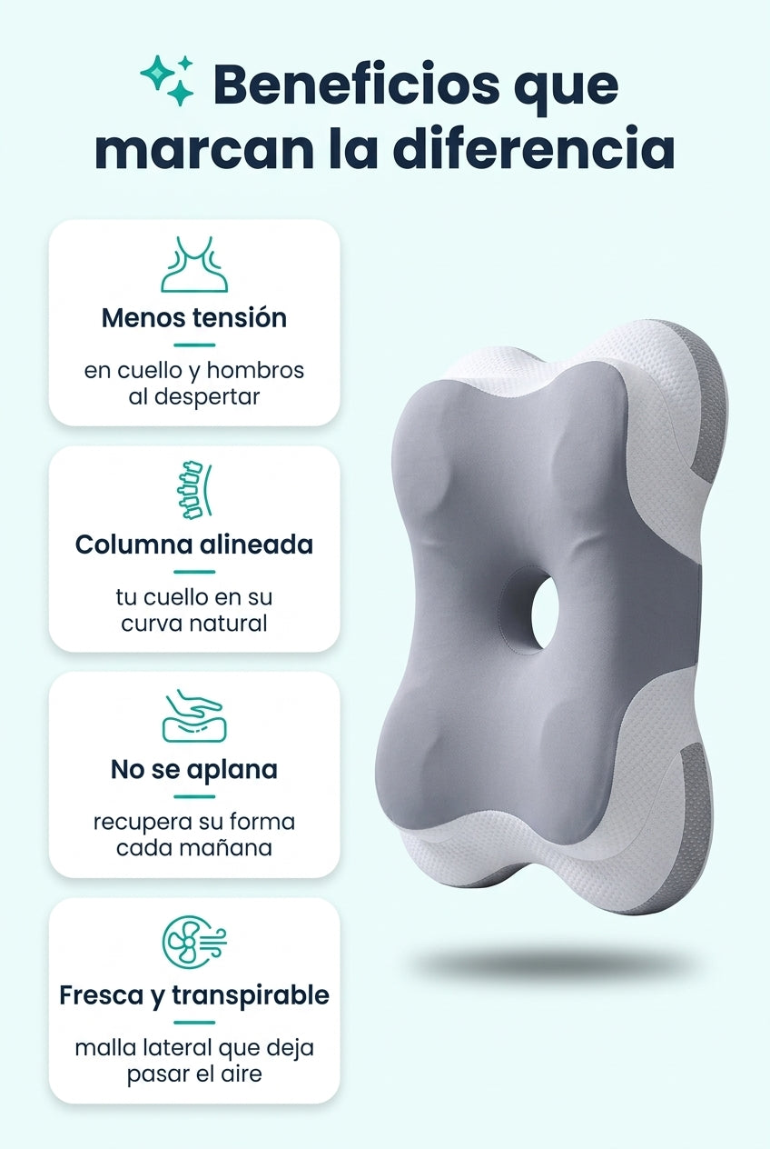 Beneficios de la almohada CerviDream: menos tensión, columna alineada, no se aplana y fresca