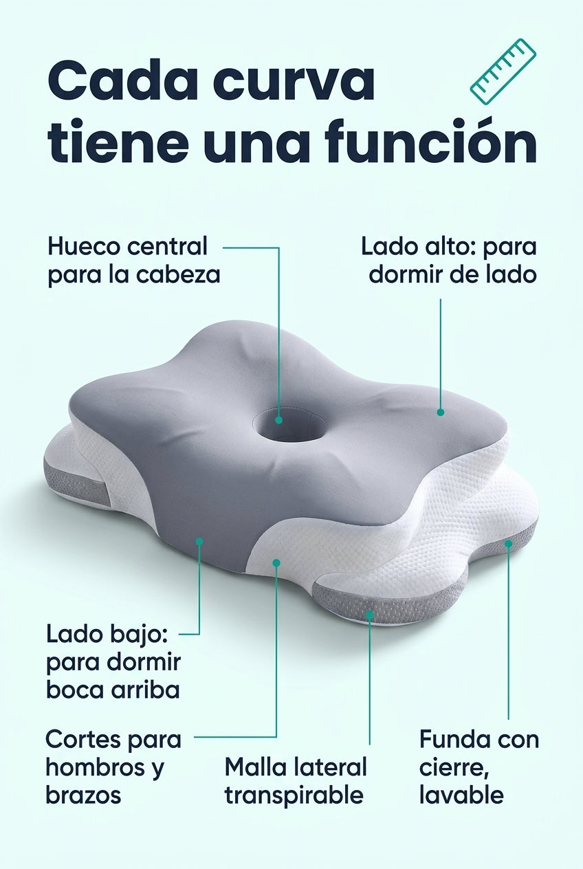 Partes de la almohada CerviDream: hueco central, lado alto, lado bajo, cortes para hombros, malla transpirable y funda con cierre