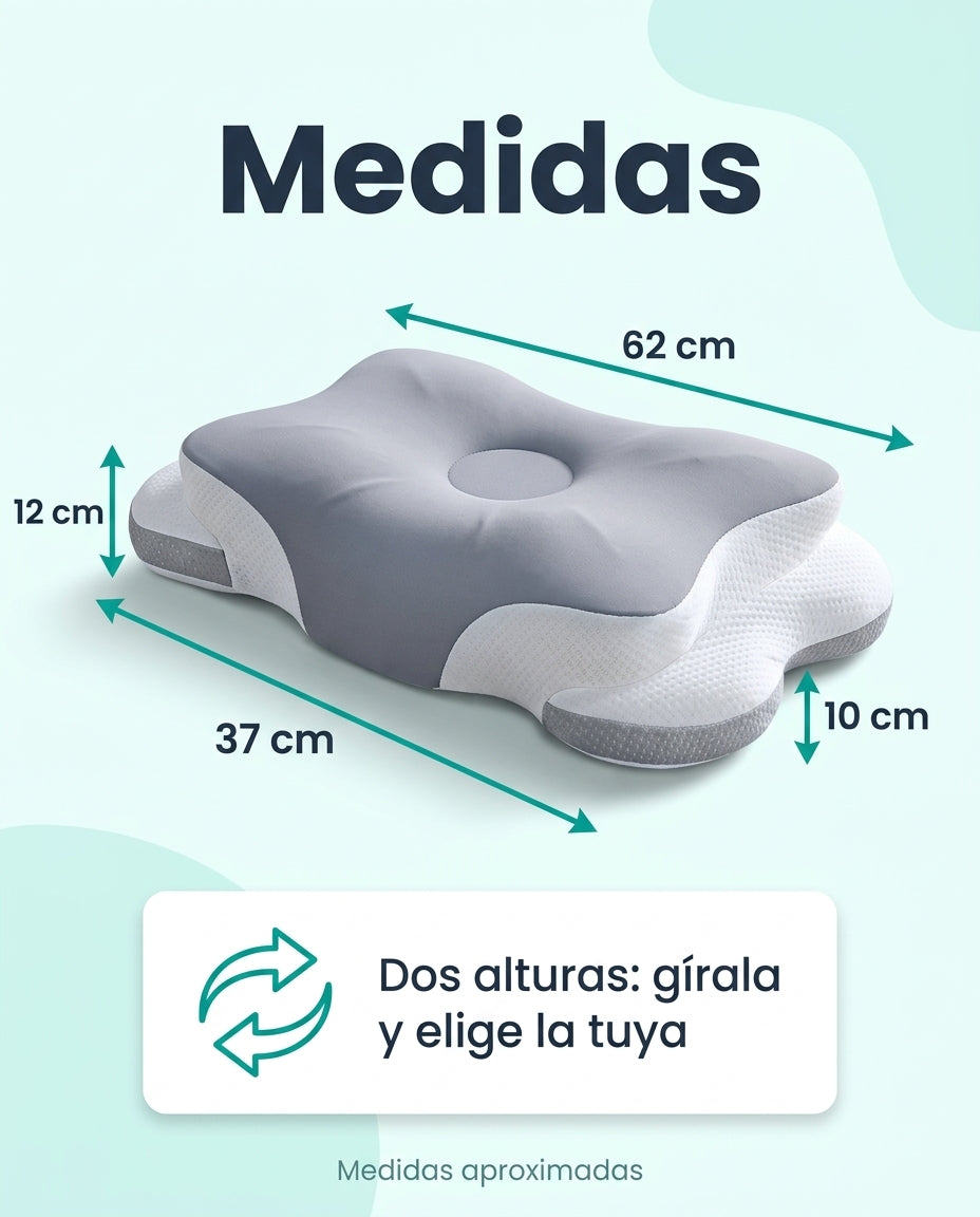 Medidas de la almohada CerviDream: aproximadamente 62 x 37 cm, con alturas de 12 y 10 cm